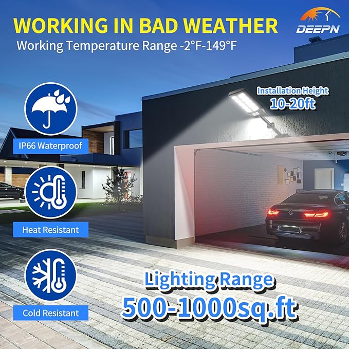 Deepn Solar Lights Outdoor, IP66 Waterproof Street Lights Outdoor, 6500K Dusk to Dawn Solar Security Flood Lights Motion Sensor with Remote Control for Yard, Entryway Garage, Porch 1 Pack