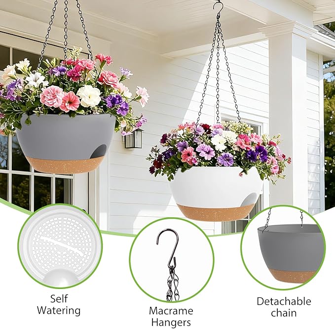 8 Inch Hanging Planters for Indoor Outdoor Plants, 4 Pack Plastic Self Watering Hanging Baskets with Drainage Holes and Chain for Garden Porch