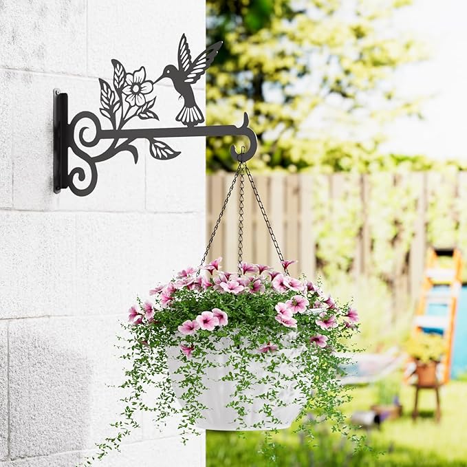 4-Pack Aesthetic Plant Hangers Outdoor – 10 Inch Metal Hanging Plant Bracket with Beautiful Hummingbird Pattern – Anti Rust Plant Hooks for Hanging Plants, Bird Feeder, Windchime, Lantern