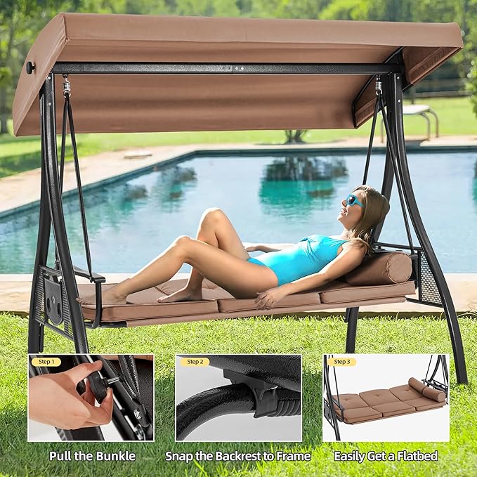 HOMREST 3 Seat Outdoor Porch Swing with 1.5" Deepened Cup Holder, Adjustable Canopy, Patio Swing Bed with Stand, Patio Glider Swing with Thicken Cushions, Pillow for Yard, Garden(Brown)
