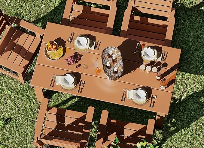 GREENVINES Outdoor Dining Table | 67’’ | HDPE | Rectangle Tables for 6 | All-Weather | Umbrella Hole | Patio Furniture | for Poolside Backyard Garden | Teak