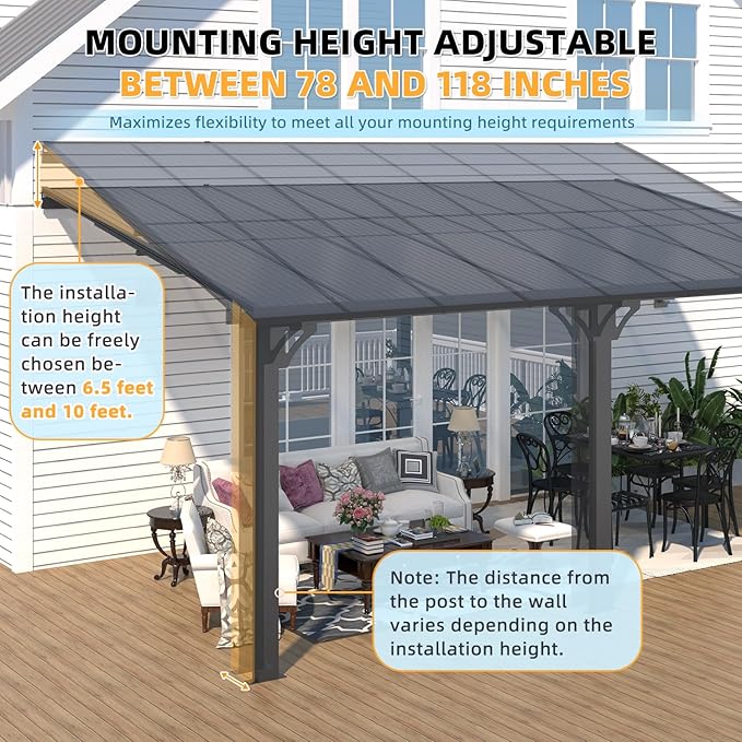 AECOJOY 10' x 16' Adjustable Height Outdoor Lean to Gazebo Pergola for Patio, Large Wall-Mounted 6.5-9.8 Ft Hard Top Metal Heavy Duty Metal Awnings Shelter Pergolas and Gazebos Clearance with Roof