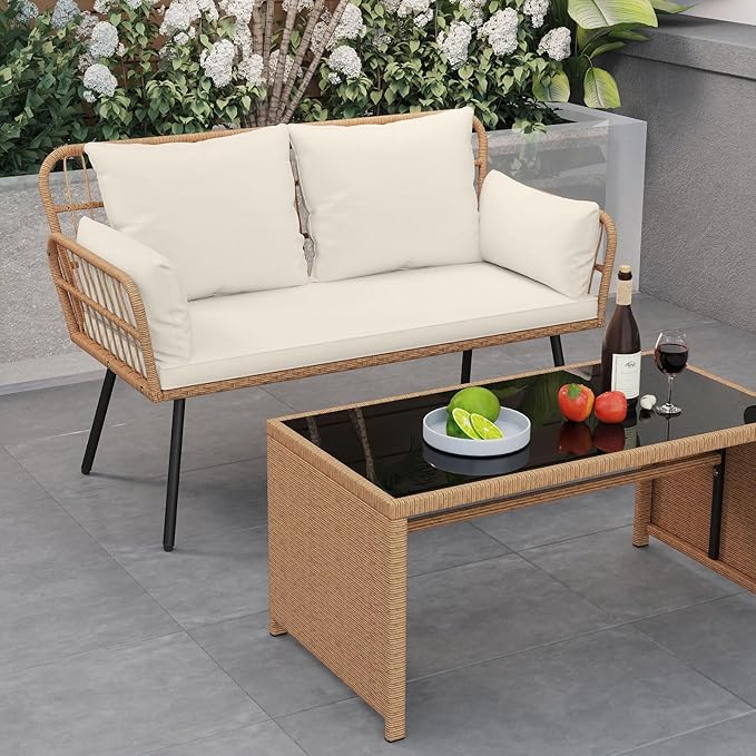 Tangkula Patio Wicker Loveseat, Outdoor Rattan 2-Seat Cushioned Sofa with Heavy Duty Metal Frame, for Backyard,Porch,Poolside (Off White)