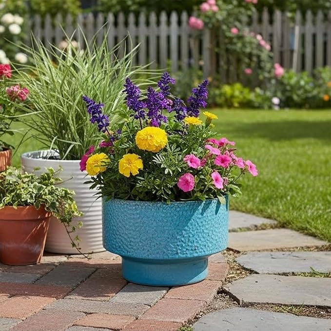 Ceramic Planters 11 Inch, Honeycomb Ceramic Pots for Plants Indoor Outdoor, Round Plant Pot with Drainage Hole, Large Planter Flower Pot, Reactive Glaze Blue
