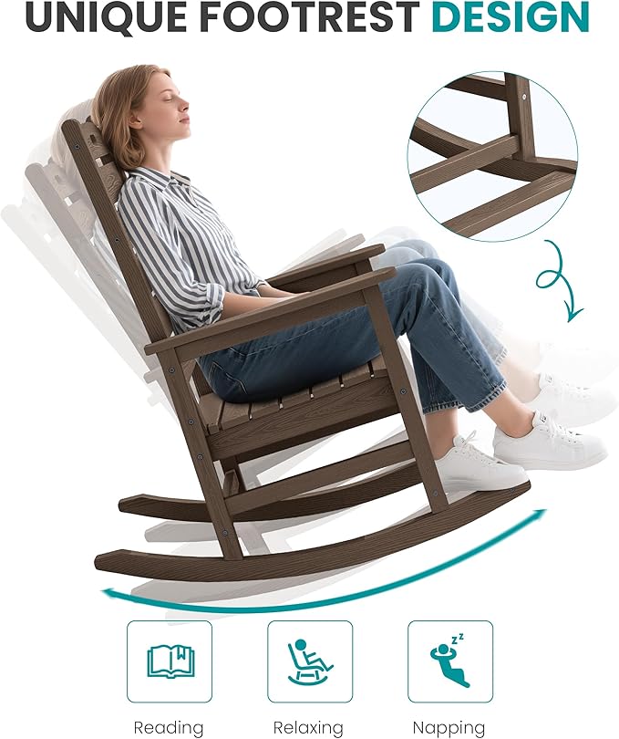 SERWALL Outdoor Rocking Chair Set of 2, Oversized Rocking Chair with Footboard for Adults, HDPE All Weather Resistant Rocking Chairs for Patio, 350lbs Weight Capacity,Coffee