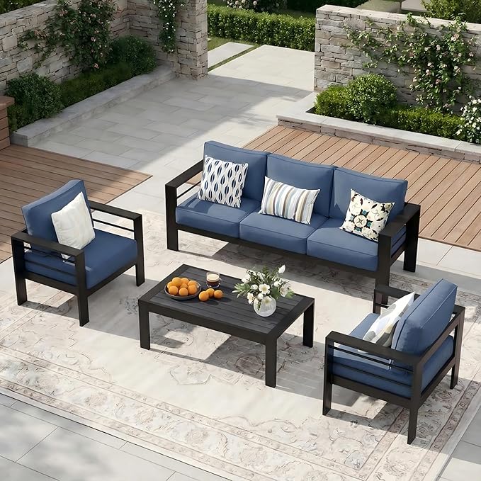 Solaste Aluminum Outdoor Patio Furniture Set, 5 Seats Patio Sectional Sofa with 5" Thick Cushion, Outdoor Patio Set with Coffee Table for Porch, Backyard, Deck, Yard, Blue