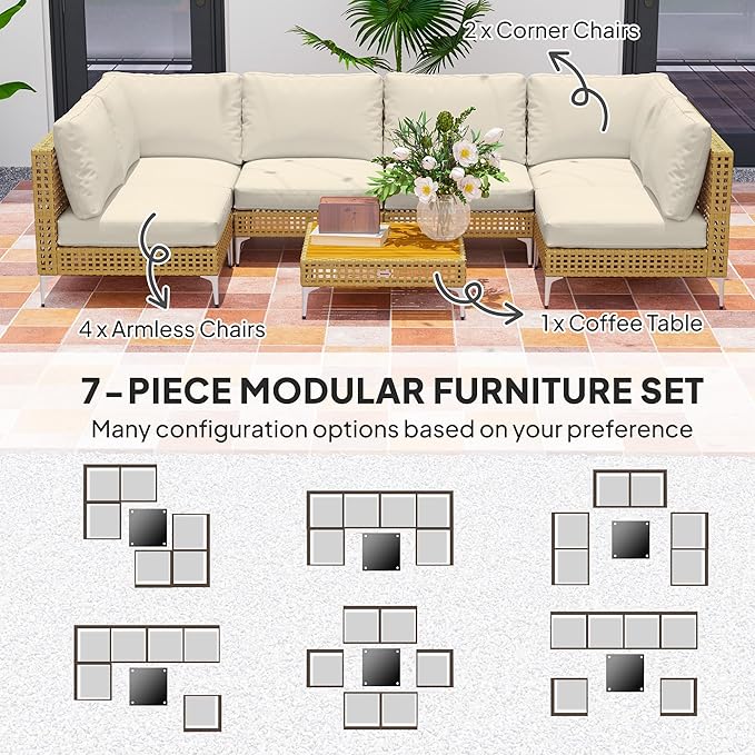 Outsunny 7 Piece Wicker Patio Furniture Set, Modular Outdoor Sectional with Thickened Cushions, Rattan Outdoor Furniture Conversation Set with Slatted Acacia Wood Table for Backyard, Khaki/Beige