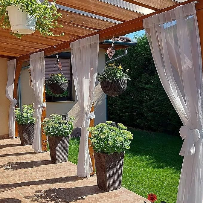 SpaceDresser Waterproof Outdoor Sheer Curtains for Patio - 4 Panels Rod Pocket Indoor Voile Sheer Curtain for Living Room,52W x 96L inch, Silver Grey