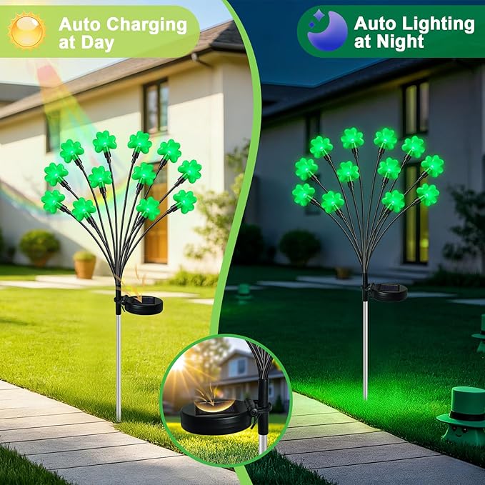 HELESIN St Patricks Day Decorations, 4 Pack St Patricks Day Outdoor Solar Lights with 2 Modes, Waterproof Shamrock Lucky Green Solar Stake Tree Lights for Yard Pathway Lawn Decorations