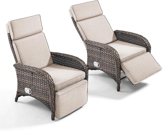 Zero Gravity Wicker Patio Recliner Chairs Set of 2 - Wicker Outdoor Lounge Chair with Adjustable Backrest & Footrest, All Weather Outdoor Reclining Chairs with Thick Cushion for Pool Deck Beige