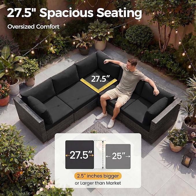 NICESOUL 10 Pcs Outdoor Sectional Set with Natural Gas/Propane Firepit Table, 29.3'' High-Back Patio Furniture Sofa Set, Oversized Rattan Couches for Backyard Garden Lawn, 2 Color Cushion Black & Gray