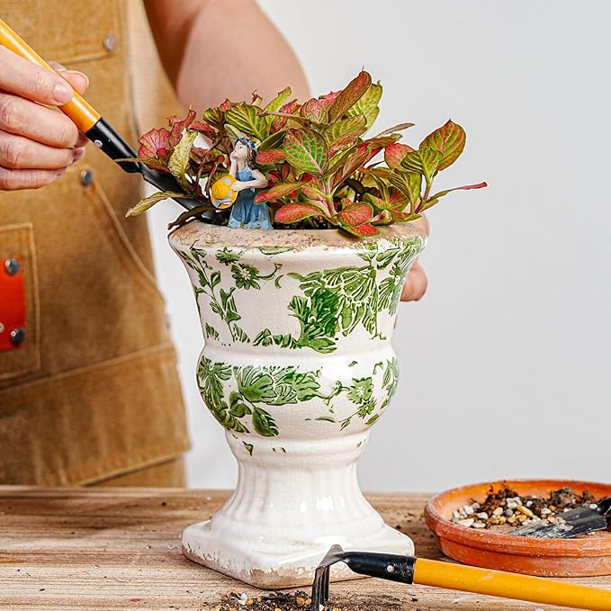 Sungmor Small Ceramic Urn Planter - Green Scroll Floral Pedestal Flower Pot, Decorative Vintage Chinoiserie Style Planters, Tuscan Accent Vase Indoor Outdoor Plant Holder with Drainage