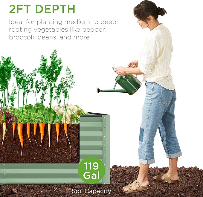 Best Choice Products 4x2x2ft Outdoor Metal Raised Garden Bed, Deep Root Box Planter for Vegetables, Flowers, Herbs, 119 Gallon Capacity, 100% Non Toxic Materials - Sage Green