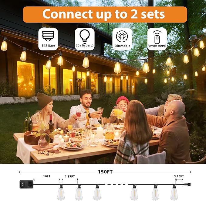 Brightever 150FT Outdoor Lights with Remote, 2700K/4000K/5000K Selectable LED String Lights for Outside with 75+2 ST38 Shatterproof Edison Bulbs, 3 Modes Dimmable Waterproof Hanging Lights for Patio