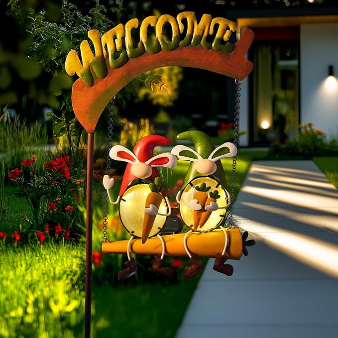 HONGLAND Outdoor Decor Solar Lights, Hanging Gnomes Swing Gardening Gifts for Women, Gnomes Outdoor Easter Decor with Welcome Sign for Porch Patio
