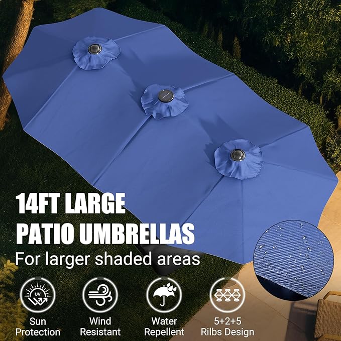 LEVELEVE 14FT Large Patio Patio Umbrella with Base & Solar LED Lights - Double-Sided,Blue