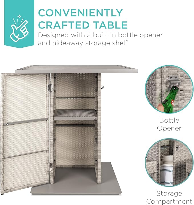 Best Choice Products 5-Piece Outdoor Wicker Bar Table Set for Patio, Poolside, Backyard w/Built-in Bottle Opener, Hidden Storage Shelf, Metal Tabletop, 4 Stools - Gray