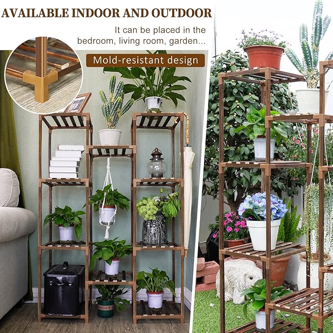 Uneedem Plant Stand Indoor Outdoor, Tall Plant Shelf for Multiple Plants, 10 tiers 11 Pot Large Plants Holder Rack Wood Plant Shelves for Room Corner Balcony Garden Patio