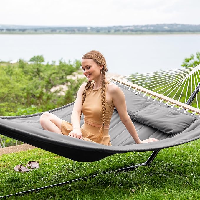 SUNCREAT Double Hammock with 15 ft Stand, Outdoor Hammock with Stand, Balance Straps, Light Gray
