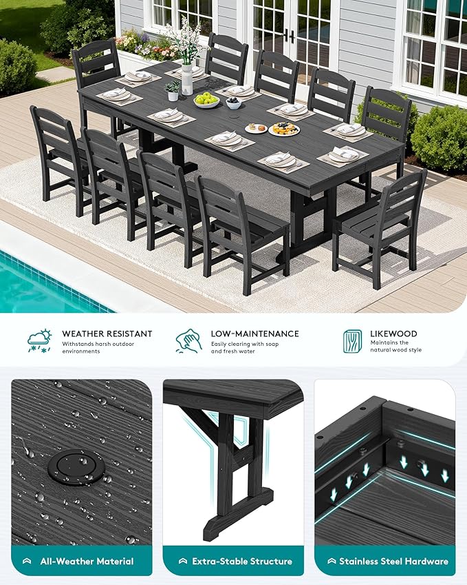 SERWALL 11 Piece Outdoor Dining Set, 84" HDPE Outdoor Table and Chairs for 10，All Weather Patio Furniture Set with Umbrella Hole for Backyard, Garden, Black