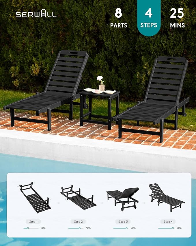 SERWALL Outdoor Chaise Lounge Set of 6, HDPE Pool Lounge Chair with 5-Position Adjustable Backrest, Patio Lounger with Rolling Wheels & Cup Holder for Pool, Black