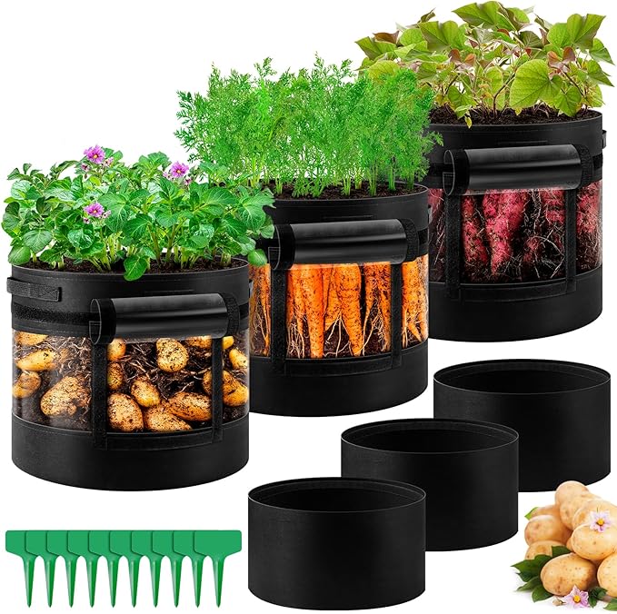 3 Pack 20 Gallon 360° Visibility Potato Grow Bags with Shading Flap, Plant Grow Bags for Growing Potatoes Heavy Duty Thickened Nonwoven Fabric Gardening Vegetable Growing Bags with Harvest Window