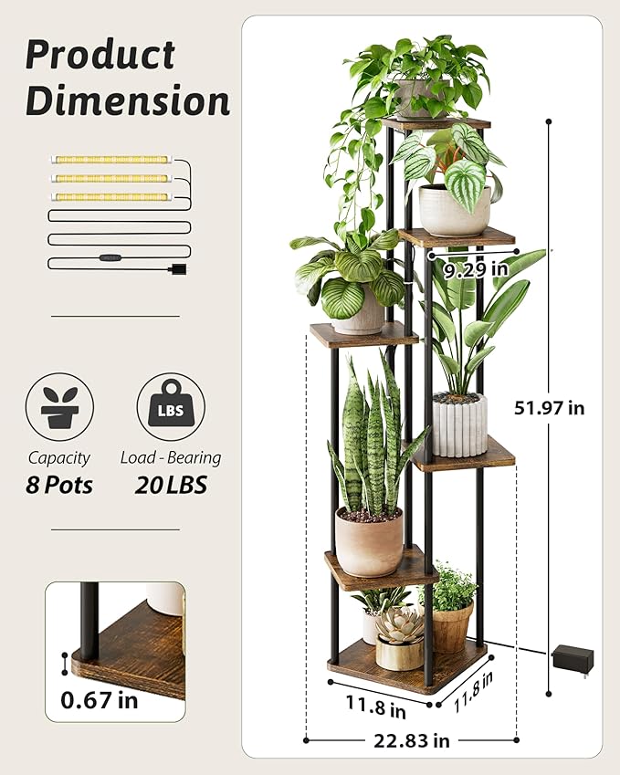 Corner Plant Stand Indoor 6 tiered plant shelf for Multiple Plants tall plant holder plant table metal shelving for Living Room Bedroom Balcony Patio Brown Oak with Light
