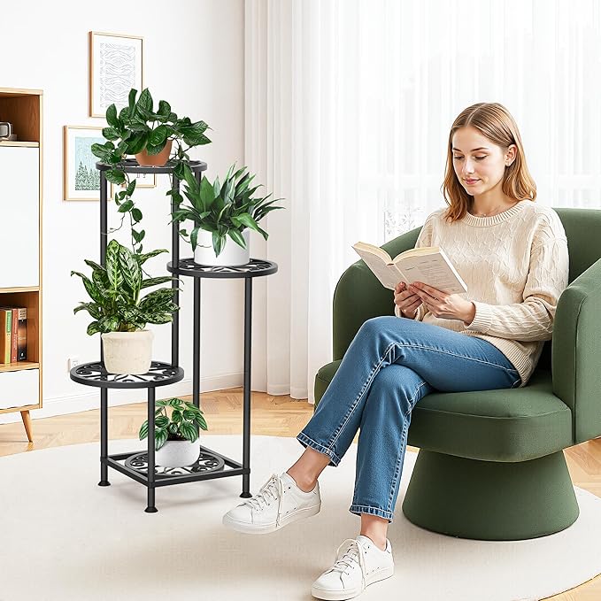 4 Tier Plant Stand Outdoor Indoor, Metal Flower Shelf Display Holder, Multiple Plants Corner Tall Flower Holders for Patio Balcony Porch Garden Living Room (Black)
