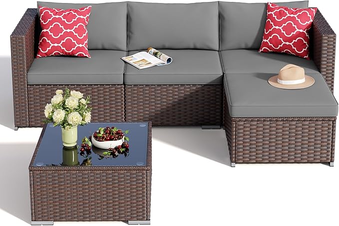 Aiho 5 Pieces Patio Furniture Set All-Weather Outdoor Wicker Sectional Patio Furniture with Cushion and Glass Table (Grey)