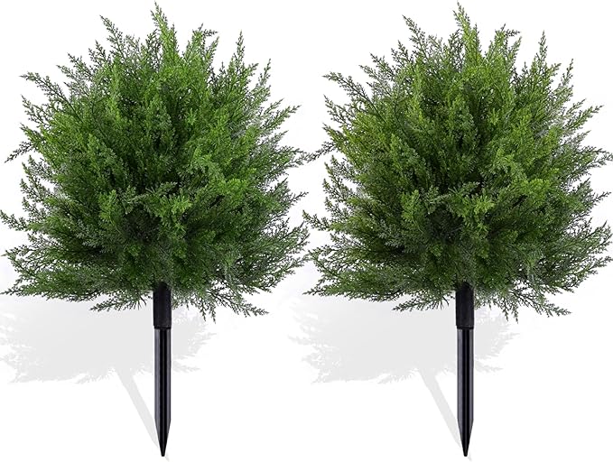 Artificial Topiary Bushes for Outdoors with Spike, Boxwood Ball Fake Shrubs UV Resistant Faux Plants for Indoor Outdoor Fall Thanksgiving Halloween Decor (Cedar Topiary Ball Trees)
