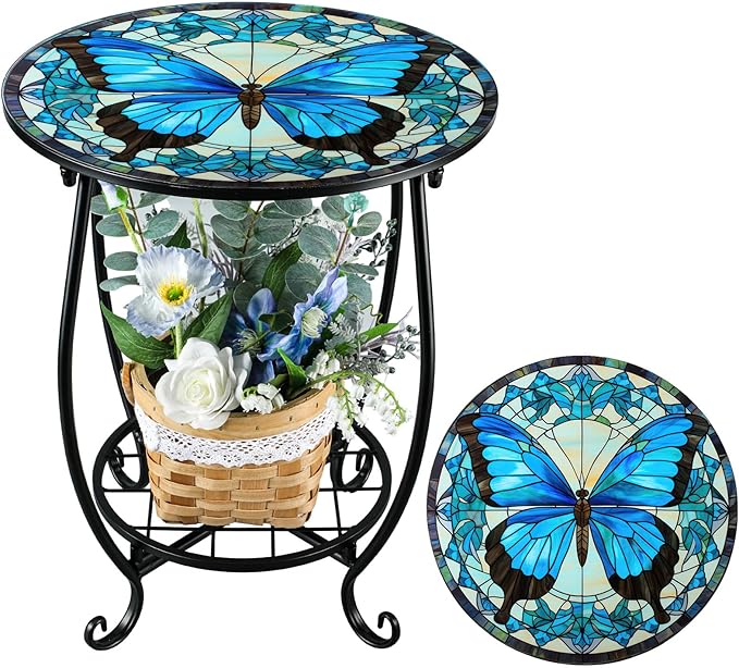 Outdoor Side Table Round Small Mosaic Patio Accent Indoor End Plant Coffee Tea Table for Yard Patio Porch Garden Living Room, Bedroom