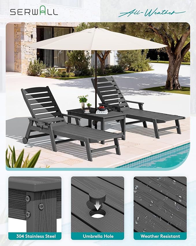 SERWALL Outdoor Coffee Table with 9FT Umbrella, HDPE Patio Coffee Table for Outside, Rectangle, Gray(Not Include Umbrella Base)