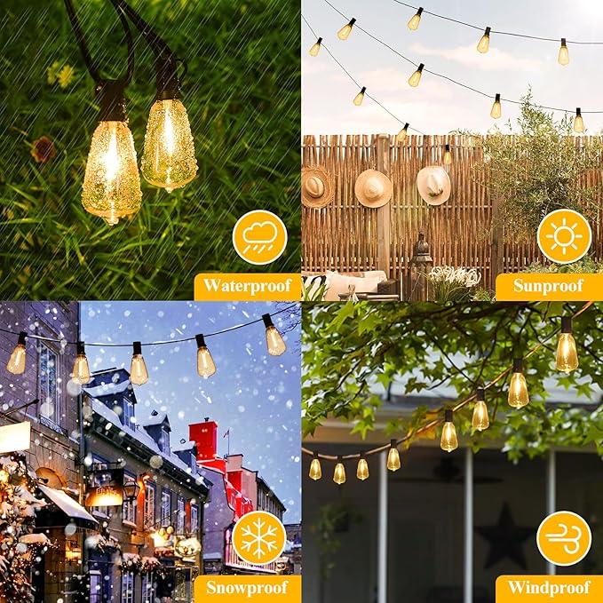Brightever LED Outdoor String Lights 50FT Patio Lights with 27 Shatterproof ST38 Vintage Edison Bulbs, Outside Hanging Light Waterproof for Porch, Deck, Garden, Backyard, Balcony, 2200K Dimmable