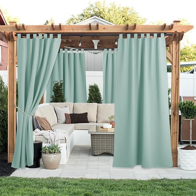 NICETOWN 2 Panels Aqua Blue Outdoor Curtainss for Patio Waterproof, Self-Stick Detachable Tab Top Blackout Thermal Insulated Public Dividers Vertical Drapes for Front Pergola/Pool, W52 x L84