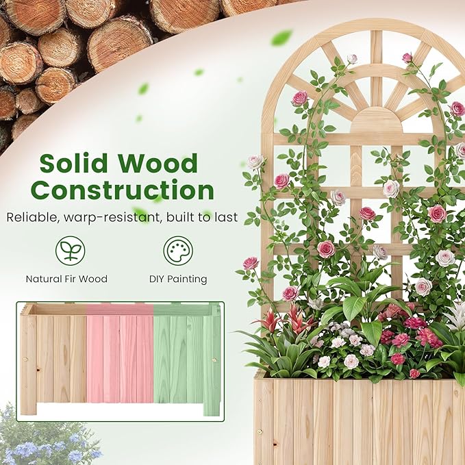 Giantex Wooden Raised Garden Bed with Arched Trellis, 48” Fir Wood Outdoor Elevated Planter Box Privacy Screen with Drainage Holes, Vertical Garden Bed for Climbing Plants, Patio Balcony Backyard