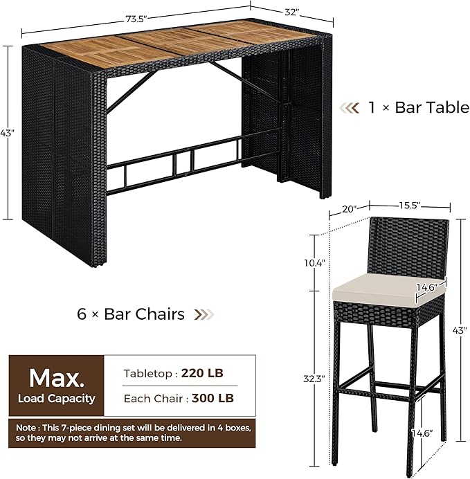 Yaheetech 7 Piece Patio Dining Set Outdoor Acacia Wood Bar Table and Chairs with Removable Cushions, Wicker Furniture Set for Deck, Backyard, Garden, Black/Beige