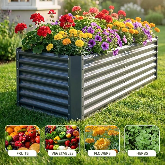 6x2x2ft Raised Garden Bed - Galvanized Deep Root Planter Boxes Outdoor with Wing Nuts and Safety Edges for Gardening Vegetables, Flowers, Herbs, Succulents - Gray