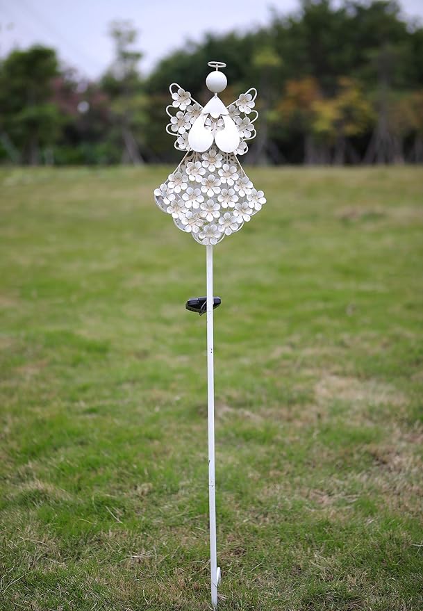 Solar White Angel Garden Stake Lights - Metal Hydrangea Memorial Gift With 27 LEDs - Perfect for Remembrance and Sympathy (7.7" W x 40.5" H)