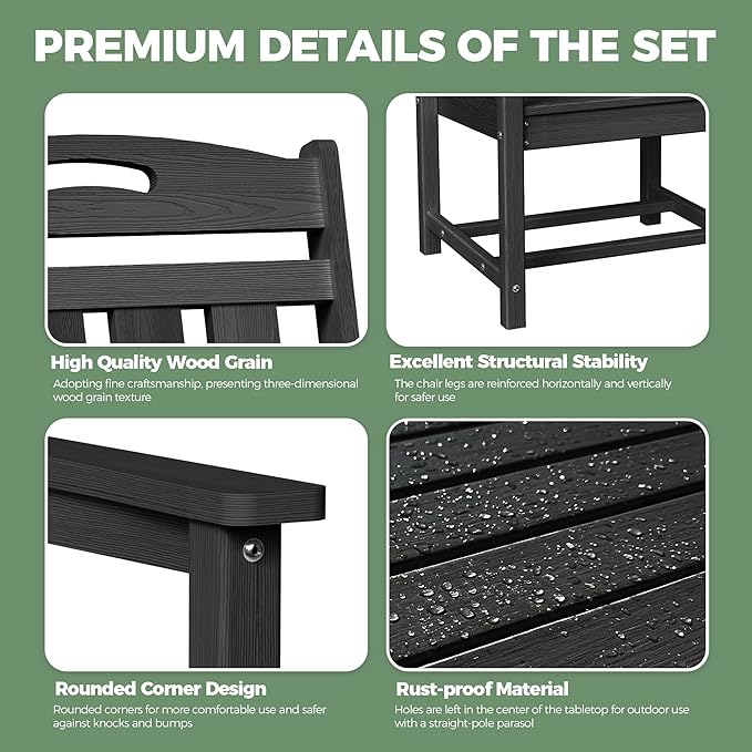 HDPE Outdoor Dining Set, Patio Table and Chairs Set, All-Weather 7-Piece Outside Table and 6 Chairs, 2" Umbrella Hole, Outdoor Furniture for Garden, Poolside, Backyard, Deck | Black