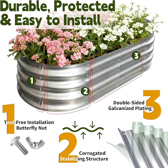 Galvanized Raised Garden Bed Outdoor, Large Raised Bed for Gardening, 4x2x1ft Metal Planter Box for Vegetables, Fruits, Flowers, Easy Assembly with Wing Nuts & Safe Rolled Design, Silver