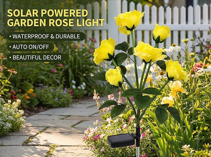 Solar Rose Lights Outdoor,2 Pack Waterproof Color Changing LED Flower Lights, with 12 LED Flowers, Solar Powered Garden Stakes for Yard, Patio, Artificial Floral Decorative Lighting, Yellow