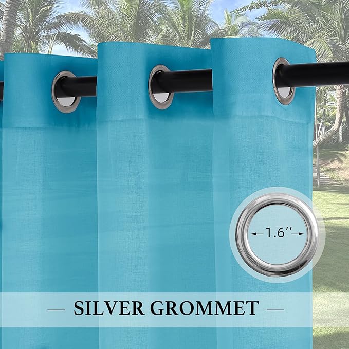 RYB HOME Waterproof Outdoor Curtains - Linen Like Translucent Breathable Sheer Curtains, Quick Dry Easy Slide Draperies for Backyard Patio Verandas, W 54" x L 84", 2 Pieces, Teal
