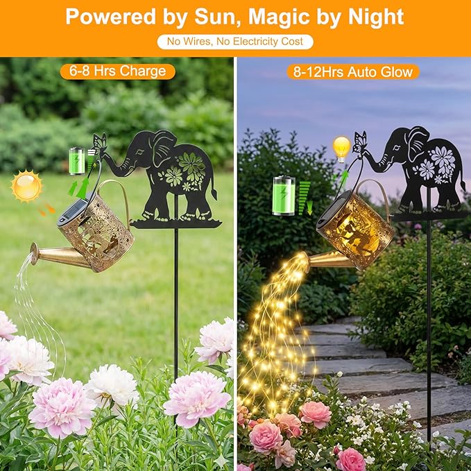 Solar Watering Can Lights Outdoor Decor with Elephant Stake & Fairy Silhouettes, Cascading String Lights for Garden, Patio, Yard - Waterproof Solar Powered Gift for Mom, Housewarming, Birthday