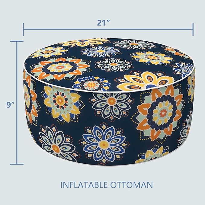 LVTXIII Inflatable Stool Ottoman Footrest with Handle, Decorative Fade-Resistant Foot Stool, Indoor or Outdoor Pouf for Home Garden and Camping Use, D21 x W 21 x H9, Bloom Medallion‌ Cobalt