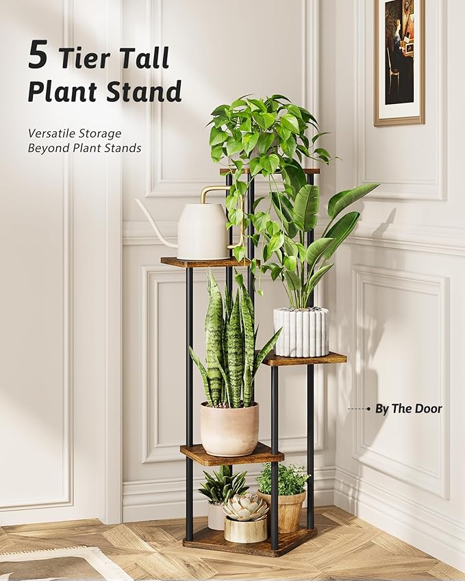 Tall Plant Stand Indoor 5 Tiered Plant Shelf for Multiple Plants Coner Shelf Stand Wood Plant Stand Metal Shelving for Living Room Bedroom Balcony Patio Brown Oak