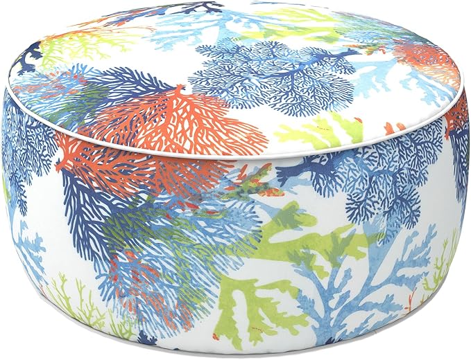 LVTXIII Outdoor Inflatable Footrest Stool, Patio Water Repellent Ottoman with Handle, Portable Round Ottoman Pouf for Garden, Balcony or Home Use, 21x21x9 Inch, Coral Multi