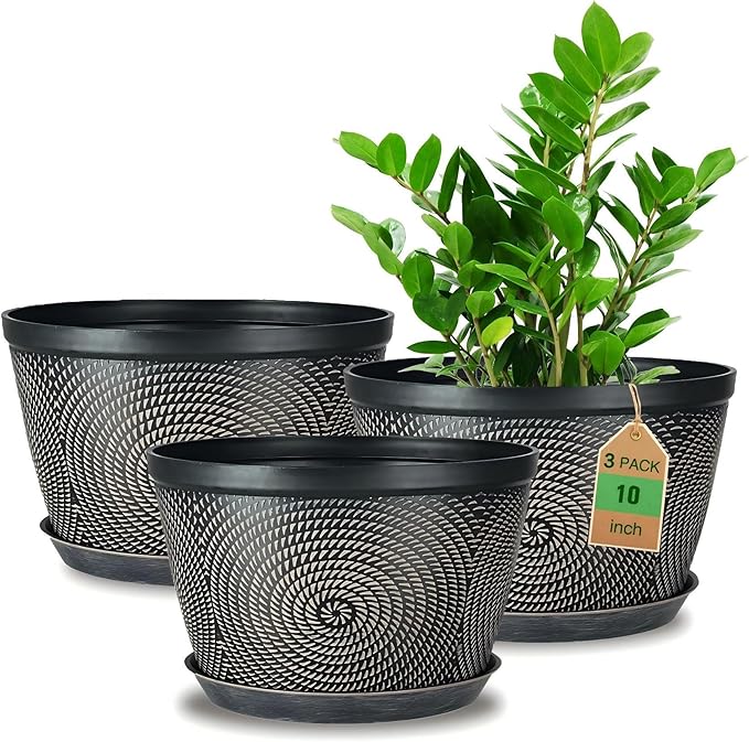 Quarut 10 Inch Flower Pots for Outdoor Indoor, 3 Pack Plastic Plant Pots with Drainage Hole & Tray, Modern Decorative Garden Pot with Saucer, planters for House (Brown)