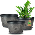 Quarut 10 Inch Flower Pots for Outdoor Indoor, 3 Pack Plastic Plant Pots with Drainage Hole & Tray, Modern Decorative Garden Pot with Saucer, planters for House (Brown)
