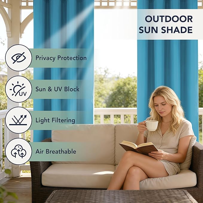 Patio Curtains Outdoor Waterproof - 6 Panels Privacy Weatherproof Outside Curtains with Grommets for Pergola, Gazebo, Porch, Cabana, Balcony, 54 x 95 Inch, Teal