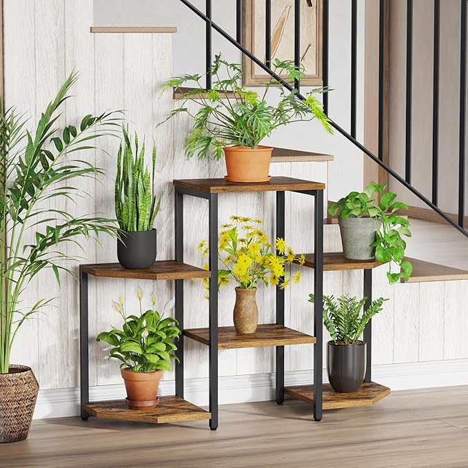 Plant Stand Indoor, Multiple Plant Shelf Corner Rack, 6 Potted Plant Stand, 6 Tiers Large Flower Holder, Planter Display Rack for Patio Balcony Living Room Bedroom Decor, Rustic Brown